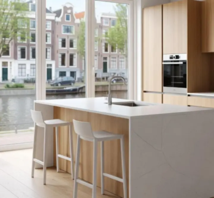 Strak gemonteerde moderne keuken met houten accenten en inbouwapparatuur