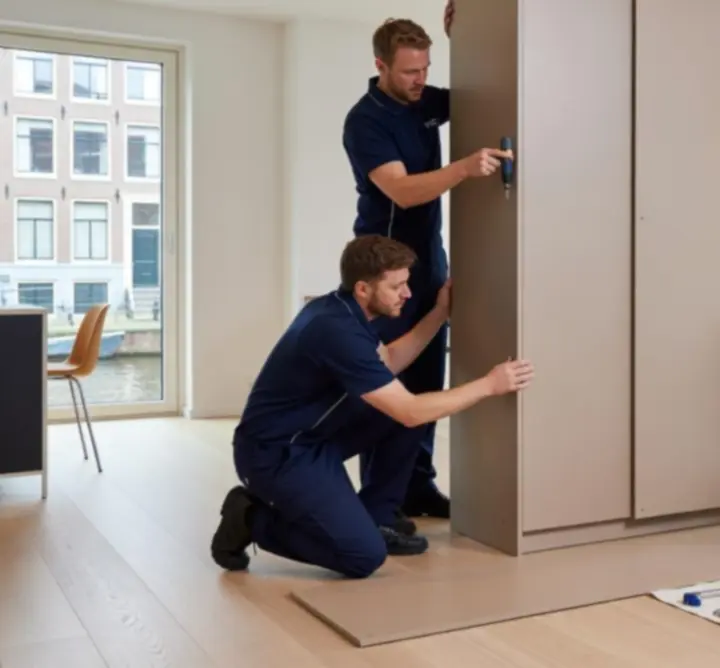 Team monteurs van FurnitureInstallPro aan het werk in een moderne interieursetting
