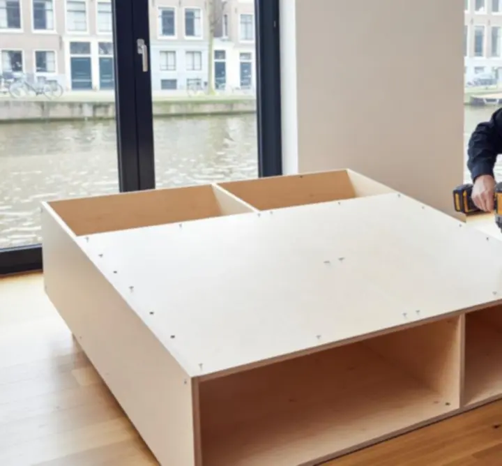 Monteur die zorgvuldig meubels monteert in een moderne woonkamer